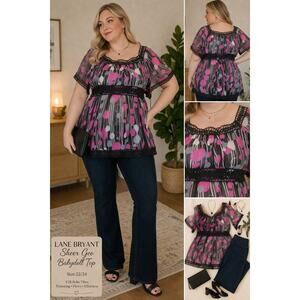 Lane Bryant 22/24 Pink Black Sheer Geo Babydoll Top Boho Y2K
